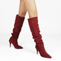 New Style Faux Suede Pointed Toe Heels Knee High Boots Rubber Women Red Winter Height Increasing