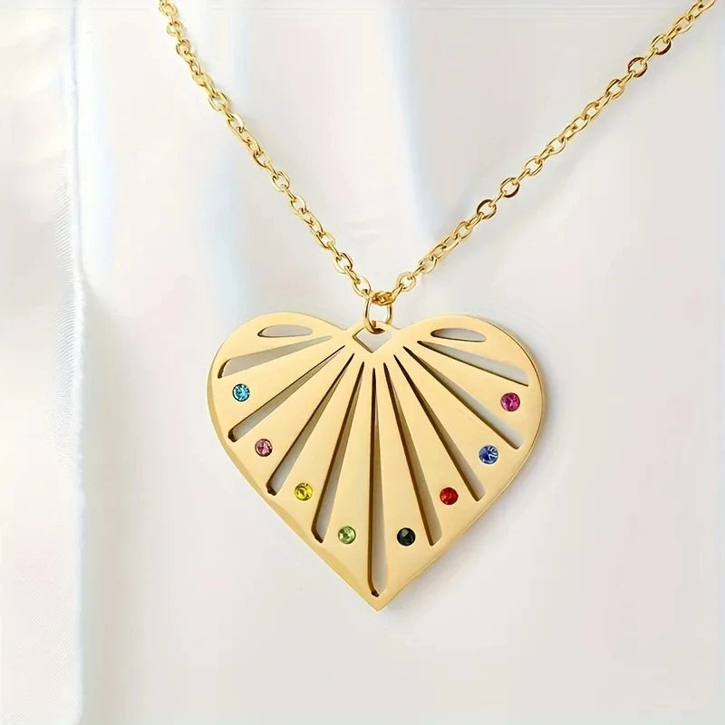 New North Love Charm Necklace Fashion Stainless Steel Jewelry Choker Inlaid Rainbow Birthstones Zircon Heart Pendant Necklace