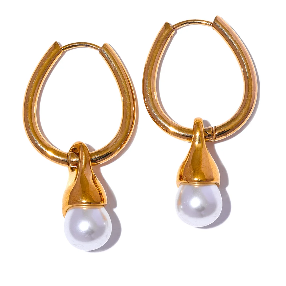JINYOU 2740 Removable Stainless Steel Geometric Pearls Drop Hoop Earrings Gold Fashion Elegant Daily Jewelry for Women