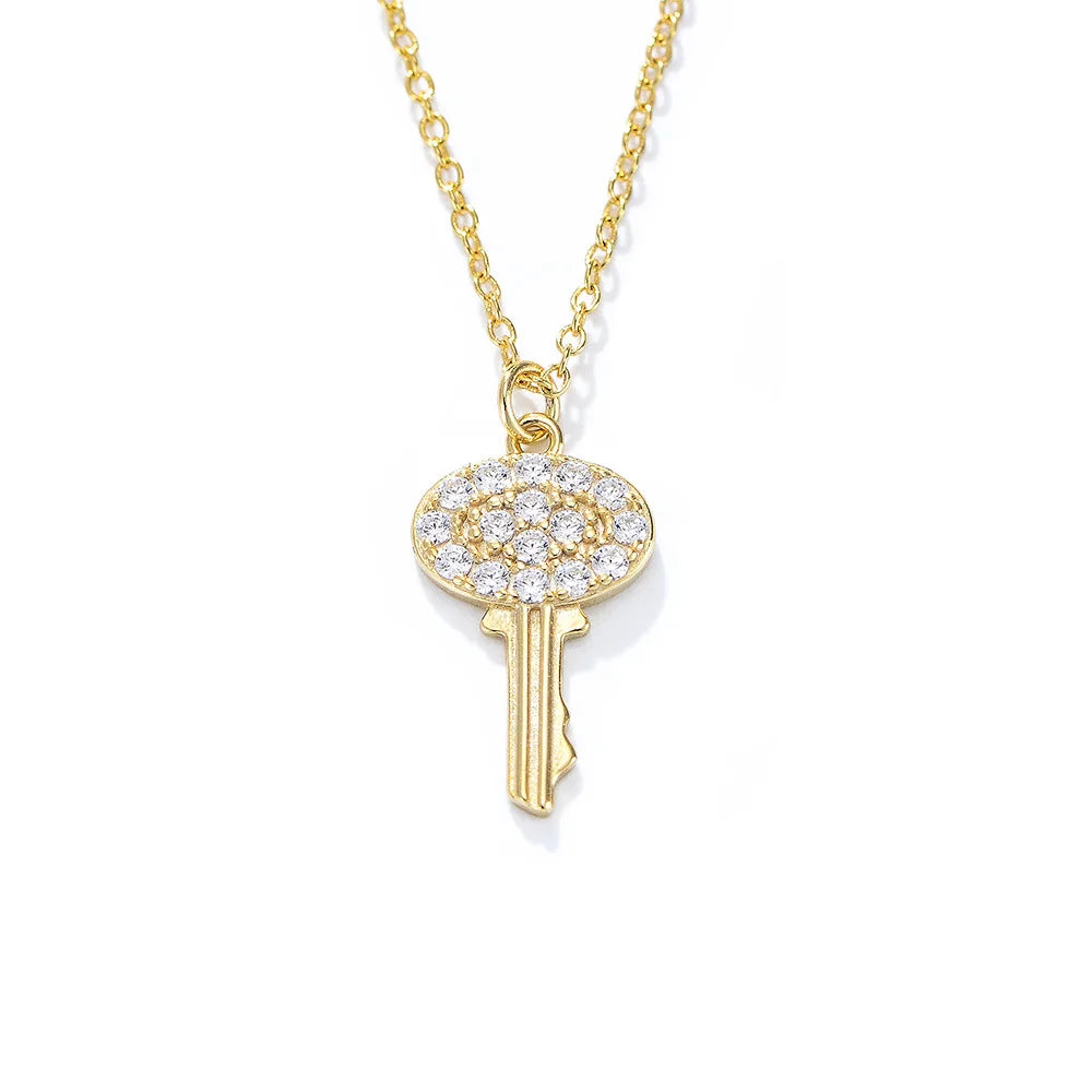 925 Sterling Silver Single Key Diamond Zircon Pendant Gold Plated Necklaces for Women Men