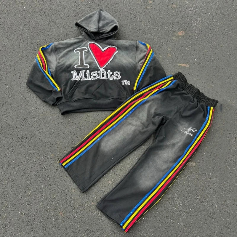 Custom Men Sun Faded Sweatsuit Distressed Embroidery Patch Striped Hoodies Sweatpants Set Rhinestones Oversize Tracksuits