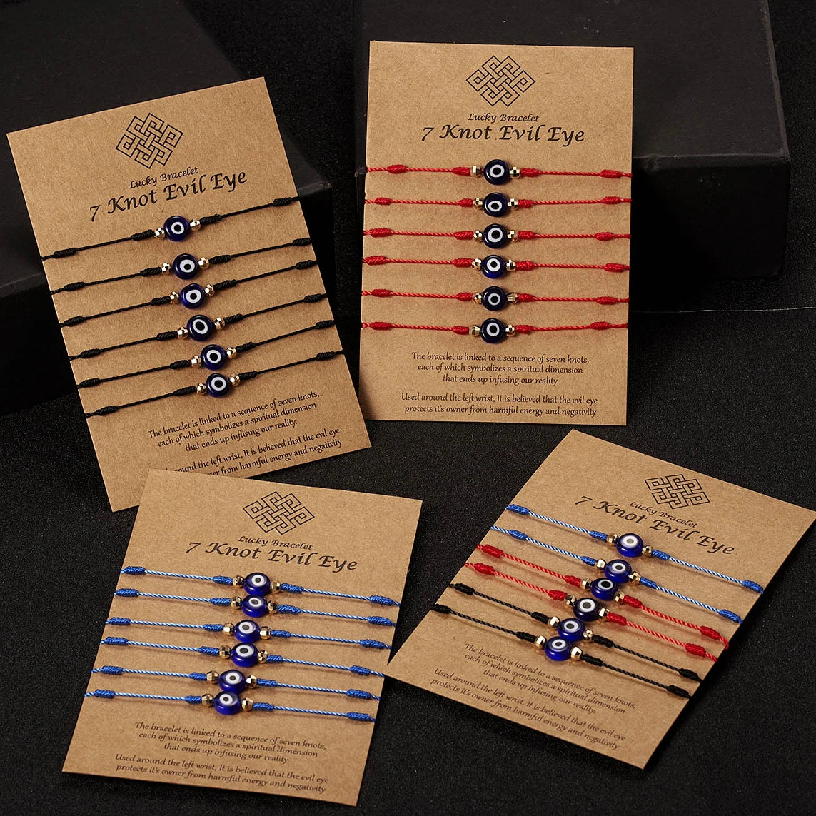 6PCS/SET Ethnic Handmade Blue Red Black String 7 Knot Charm Lucky Turkish Evil Eye Bracelet Jewelry for Woman