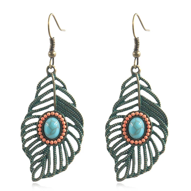 Boho Retro Ethnic Style Patina Green Antique Silver Bronze Plated Vintage Turquoise Leaf Earring Jewelry for Women