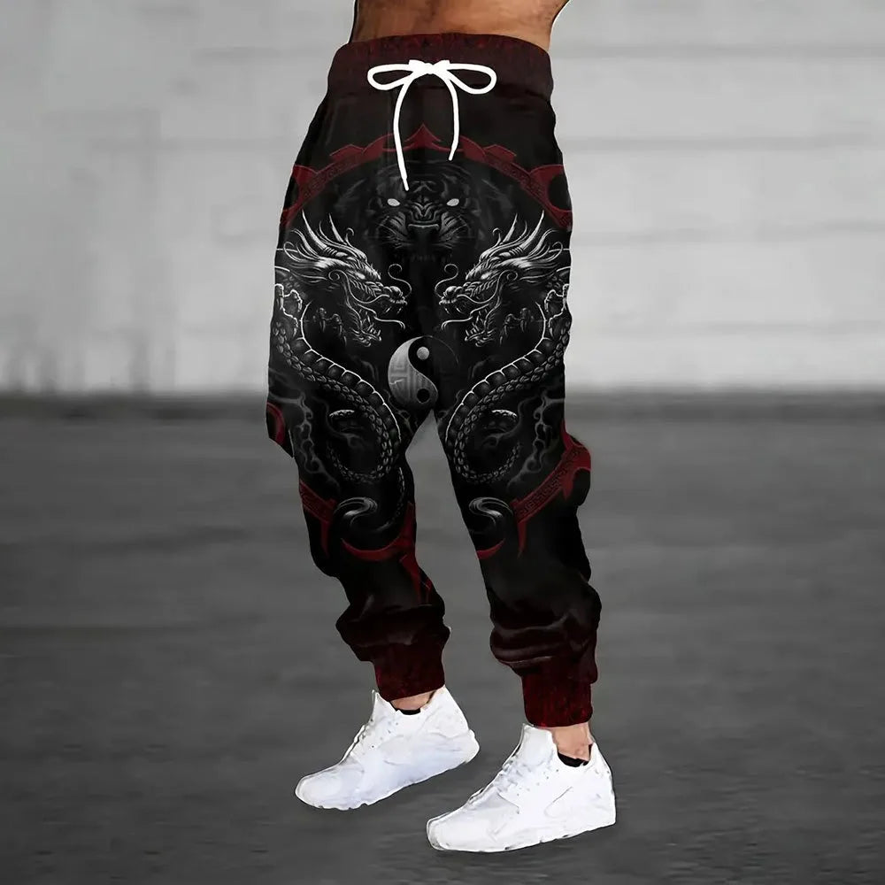 Men's Large-sized Loose-pocket Drawstring Sport Pants Season New Thick and Warm Sport Pants with Fashionable Dragon Print