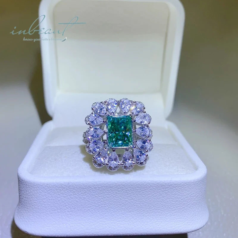 New Arrival Silver 925 Original 3 Carat Brilliant Radiant Cut Diamond Test Past Green Moissanite Blossom Ring Gemstone Jewelry