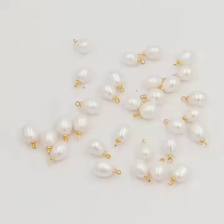 5-6  mm Rice Nature Freshwater Pearl Charm With STAINLESS STEEL PVD 18K GOLD Hanger DIY High Luster PEARL Half Hole Drilled
