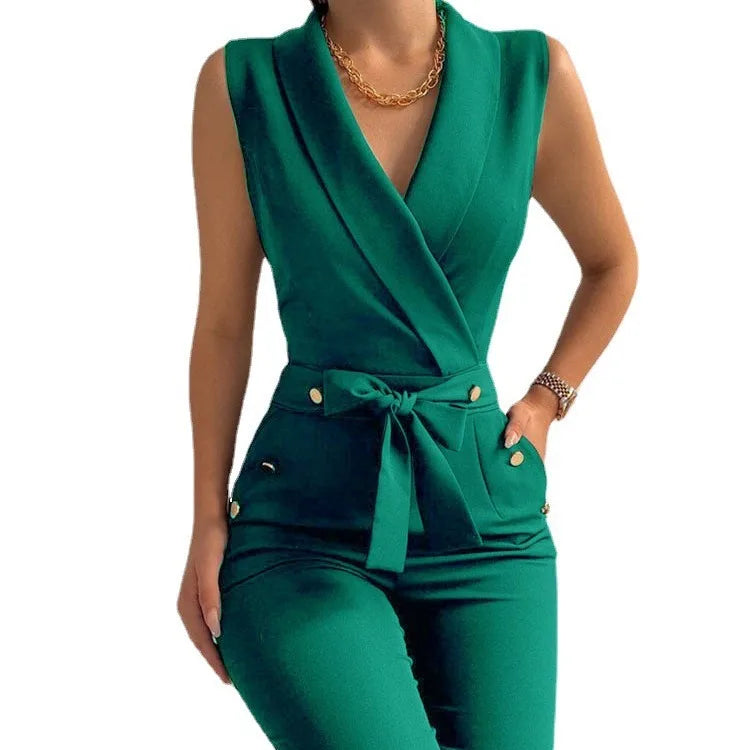 Summer New Arrivals Women Fashion Rompers V Neck Sleeveless Button Style Plus Size One Piece Jumpsuit