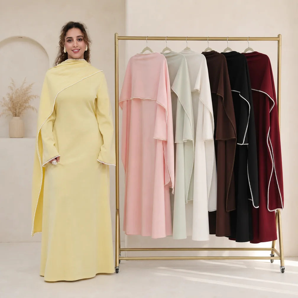 Luxury Detachable Shawl Maxi Dress Elegant White Pearl Trim Cape Sleeve a Line Evening Dress 2026 EID Muslim Abaya Dress MegaBDM
