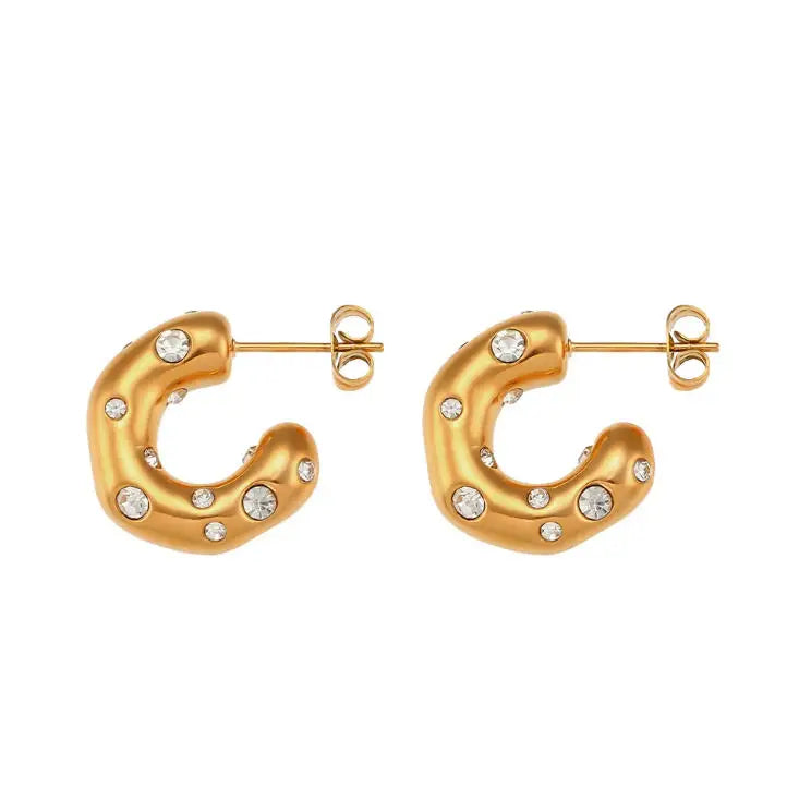 Women's 18K Gold Plated Pave Hoop Earrings Thick Irregular Cubic Zirconia Chunky Stainless Steel Classic Geometric Pattern