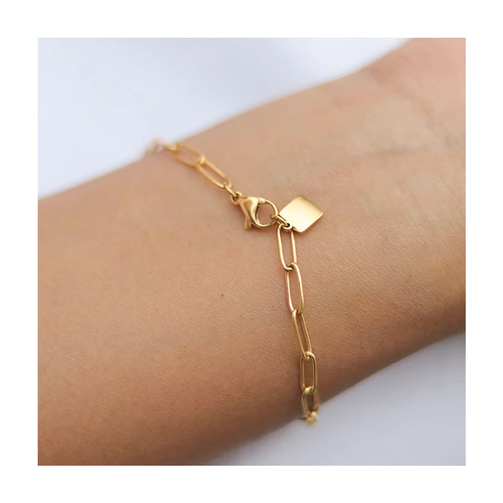 Dainty 18k Gold Plated Paperclip Bracelets Women Stainless Steel Link Chain Bracelet Femme Waterproof Jewelry