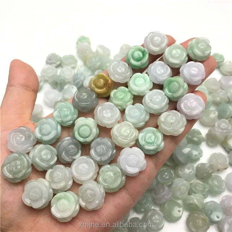 Certified Grade a Burma Jade  Jade Rose Flower Ring Jade Bead Accessories Sihui Factory Wholesale