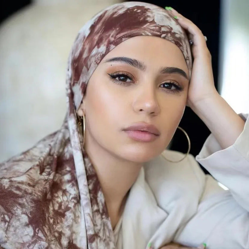 High Quality Tie Dye Chiffon Hijab for Women Ink Painting Pearl Scarf Veil Muslim Fashion New Spring Headscarf