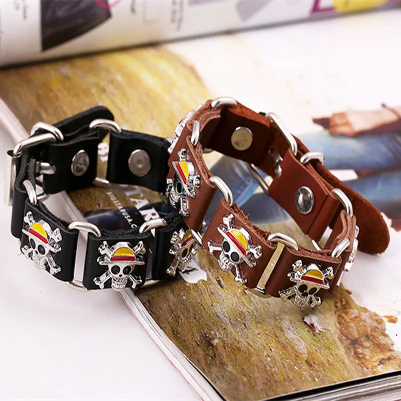 Japan Anime One Piece Luffy Pirate Logo Leather Bracelet Cosplay Punk Rock Sign Metal Men Bangle Goth Jewelry Bracelets Gifts