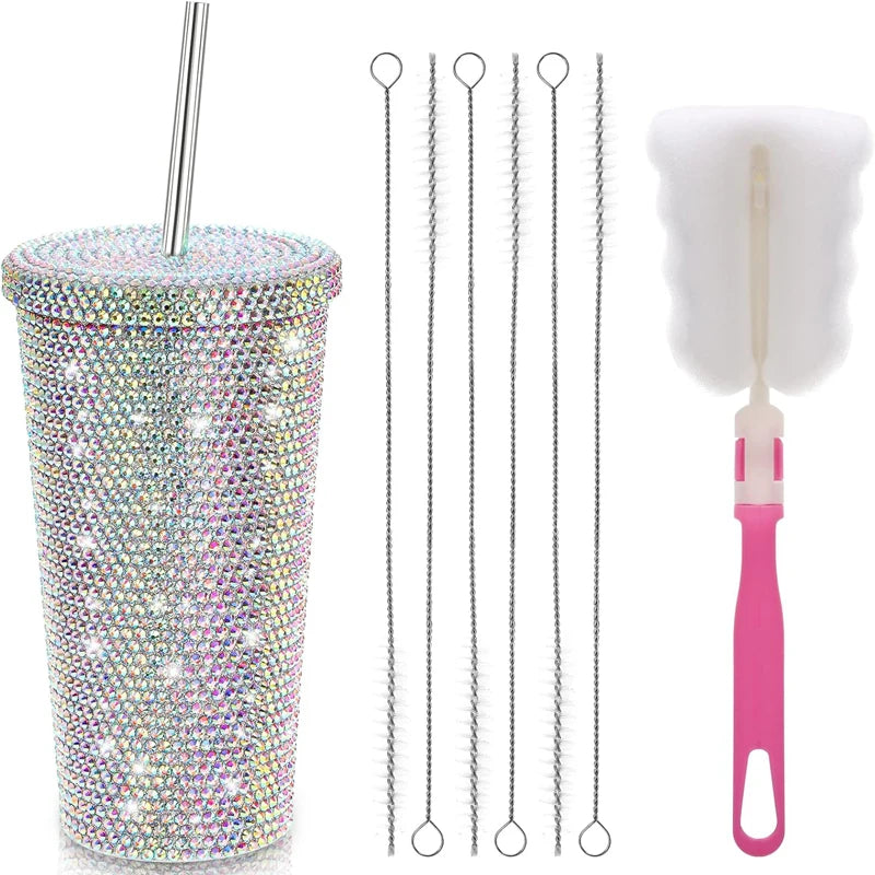 Custom 16oz Luxury Crystal Finishes Tumbler Bling Rhinestone Stainless Steel Water Cup Diamond Coffee Mugs With Lid and Straw
