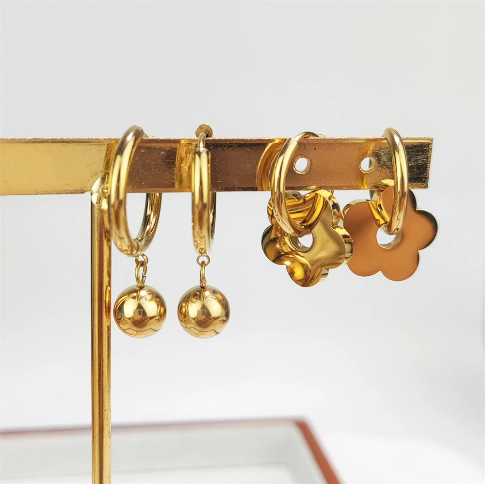 Trendy 18K Gold Plated Stainless Steel Hoop Earrings Waterproof Flower Ball Twisted Jewelry-for Gift