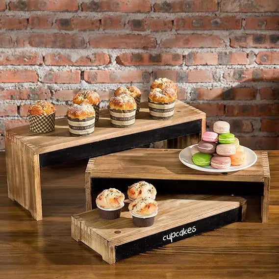 3 layers rustic burnt dark brown wood cake dessert display riser stand with blackboard board