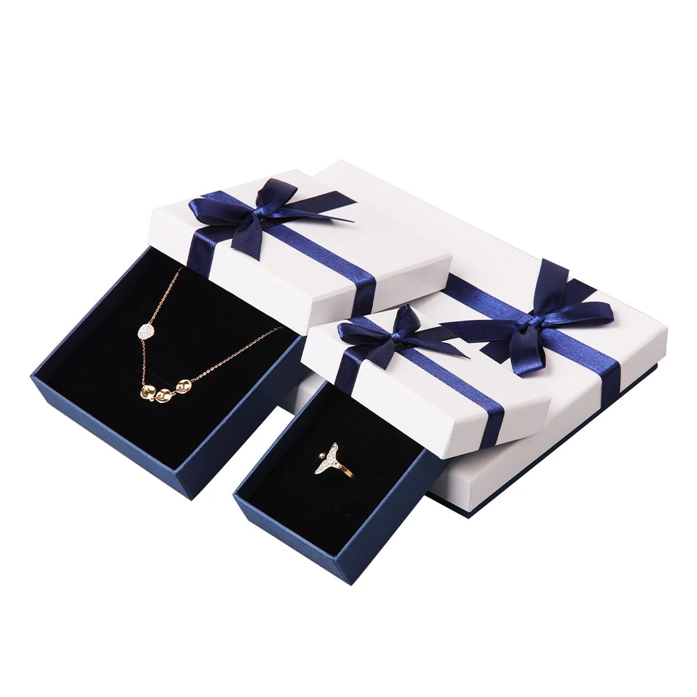 New Manufacturer Wholesale Multiple Specifications Square Cardboard Jewelry Boxes With Blue Bow