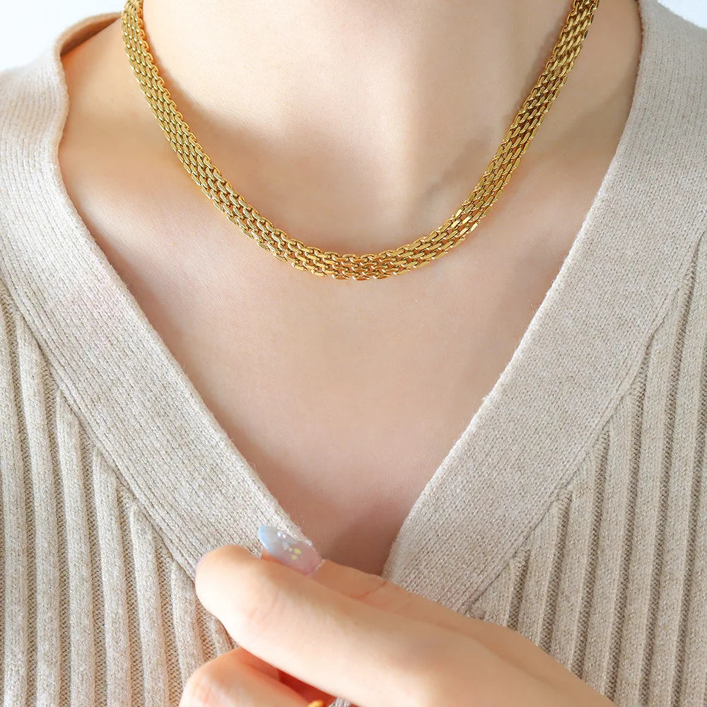 New Chunky Flat Chain Choker Stainless Steel Jewelry 18k Gold Plated Chain Necklace Wide Mesh Necklace