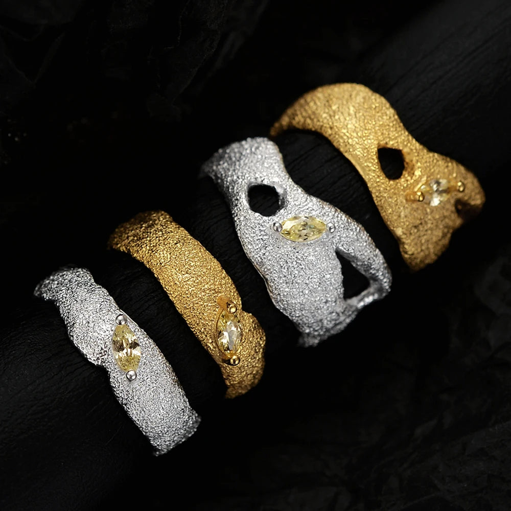 ICEBELA Jewelry Wholesale 925 Sterling Silver Irregular Burnt Crepe Texture Ring Female Horseeye Stone Real Gold Plated Ring