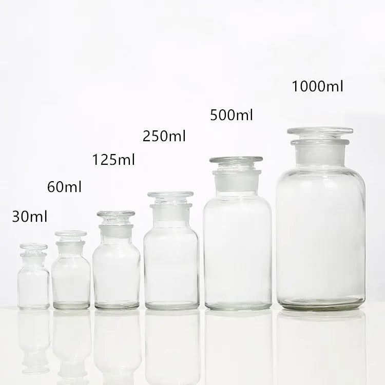 30ml 60ml 125ml 250ml 500ml Clear Wide Mouth Glass Apothecary Jar with Stopper