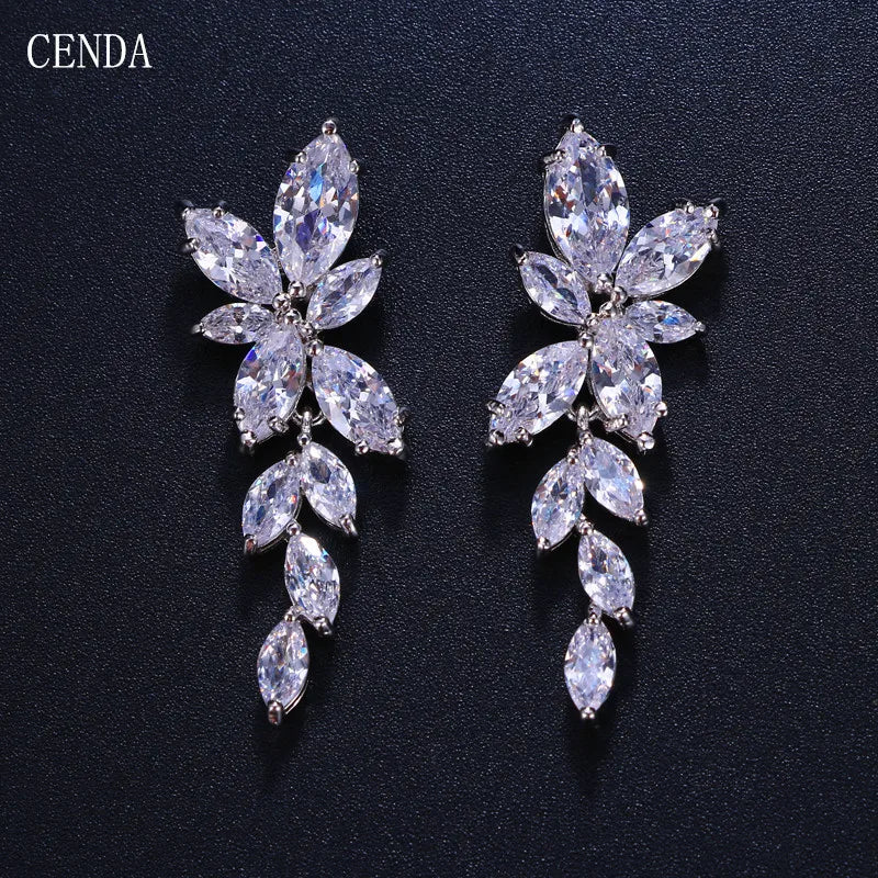 Cenda Leaf Zircon Drop Earrings for Women White Gold Color Crystal Wedding Earrings Bride Jewelry