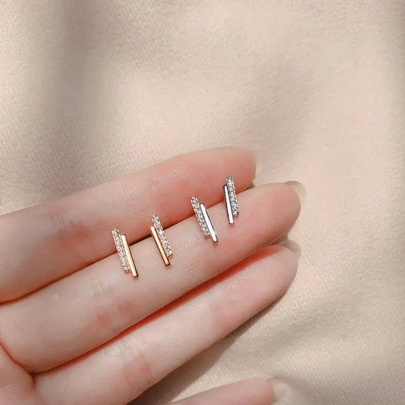 14K Gold Plated Pure 925 Sterling Silver Simple Mini Crystal Geometric Stud Earrings for Women Girls