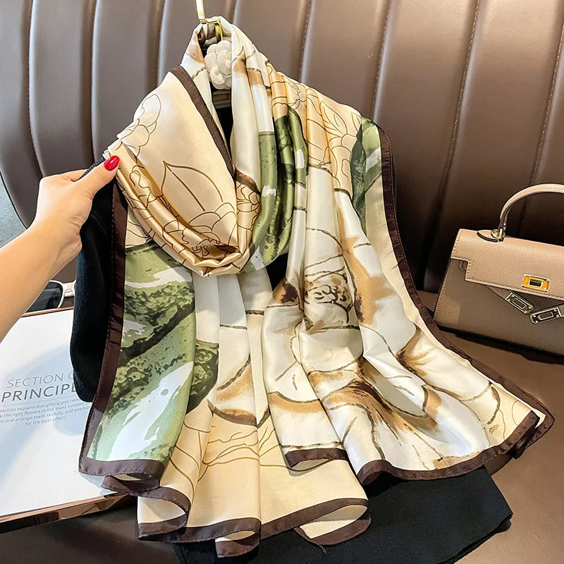 New Elegant Floral Printed Silk Scarves Beach Shawls Women Long Large 180*90CM Flower Pattern Polyester Head Wrap Stole