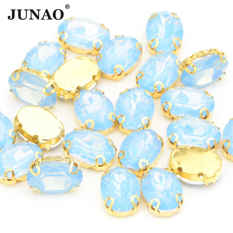 JUNAO 10*14mm 18*25mm Claw Setting Crystal Rhinestone Sew on Flatback Oval Resin Stones Rhinestones With Gold Claw