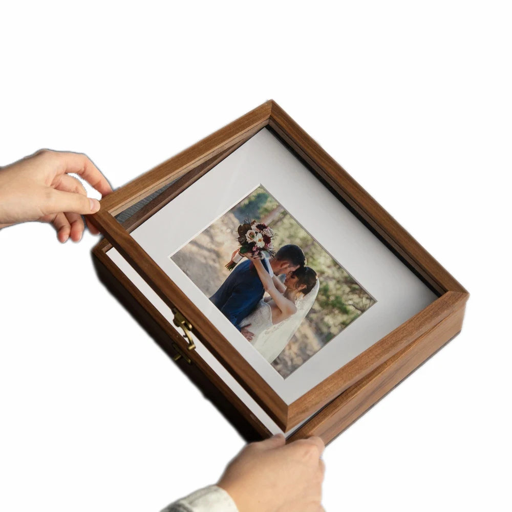 JUNJI Wholesale Wedding Decor Personalize Flash Drive Photo Box Gift Engraved Wooden Album Box with Acrylic Lid