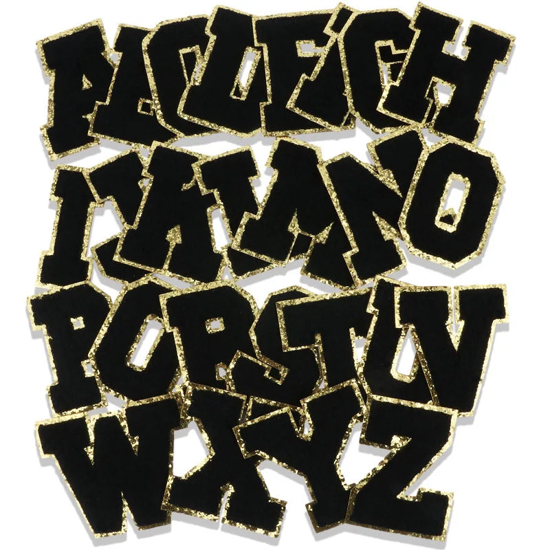 Self-Adhesive DIY Embroidered Chenille Patches A-Z Alphabet Letters Multi-Color Black 3D Fuzzy Glitter Trim for Iron Stock