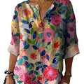 2025 Summer New Arrival Designs V Neck Button Shirt Womens Casual Colorful Floral Blouse