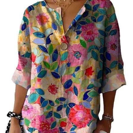 2025 Summer New Arrival Designs V Neck Button Shirt Womens Casual Colorful Floral Blouse