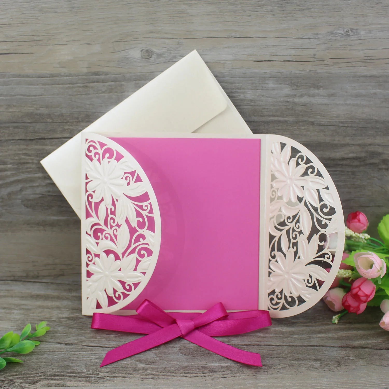 Cheap Laser Cut Greeting Card Pink Wedding Invitation with Envelope and Ribbon