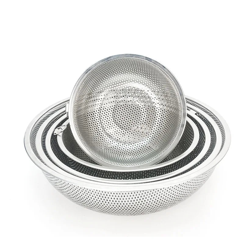 Stainless Steel Drain Basket Fruit and Vegetable Basket Household Kitchen Washing Rice Basin Double Ear Tight Hole Leaky Basin