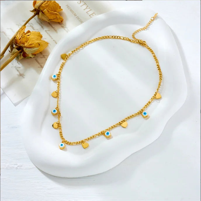 Stainless Steel Vintage Blue Enamel Eye Heart Pendant Necklace for Women Girl Fashion Choker Chain Non-fading Jewelry