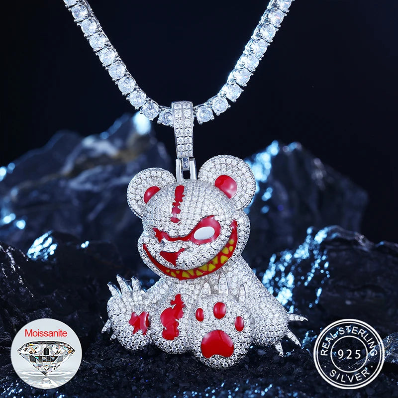Pass Diamond Tester Iced Out VVS Moissanite Evil Bear Pendant 925 Sterling Silver Diamond Hip Hop Jewelry Animal Pendant