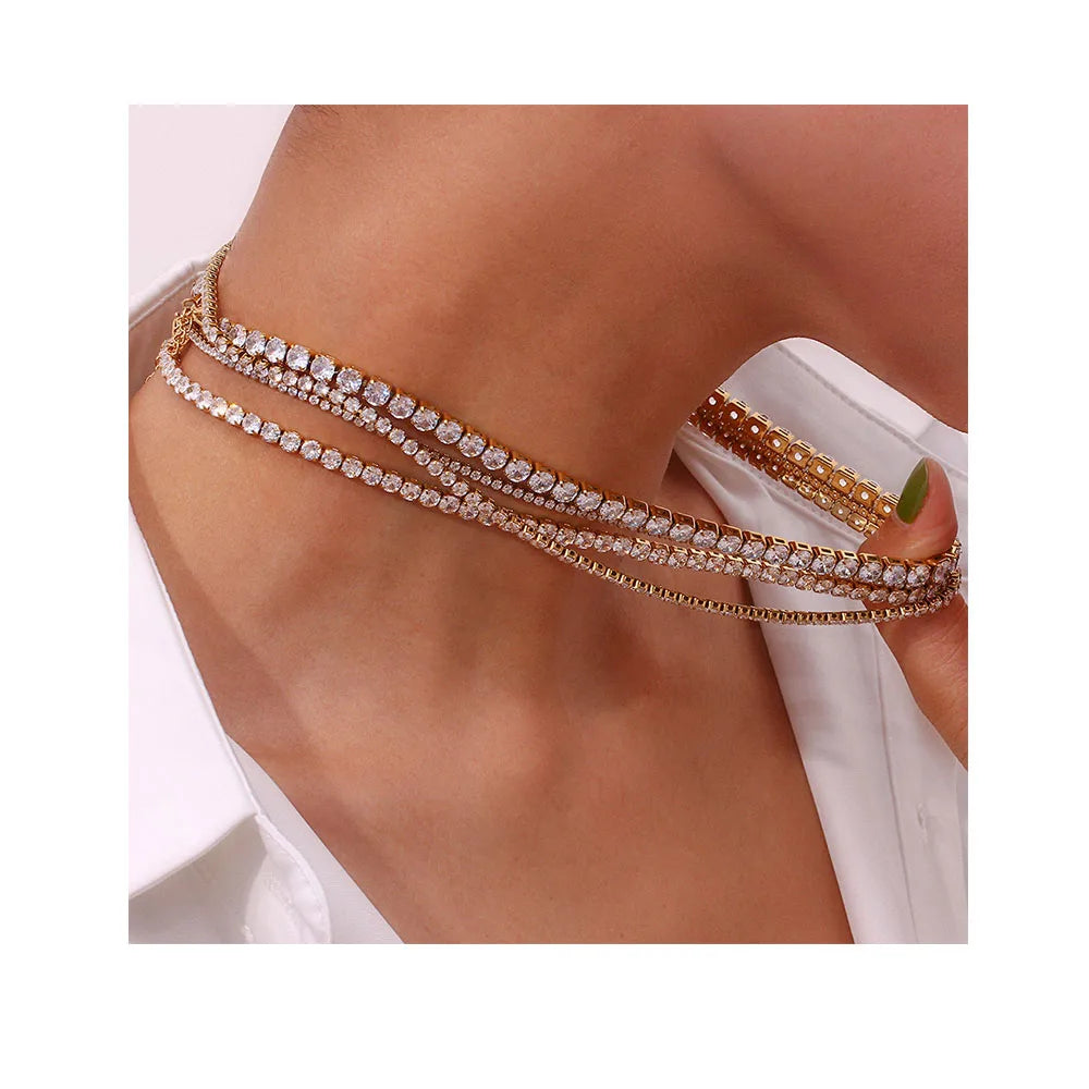 Fashion Simple Popular Light Luxury Jewelry Stainless Steel 2mm Zirconia Bracelet Chain Choker Tennis Necklace for Female