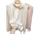 Long-sleeved Satin Simulation Silk Female Blouse Spring Autumn New French Three-dimensional Flowers Solid Color Pullover Top