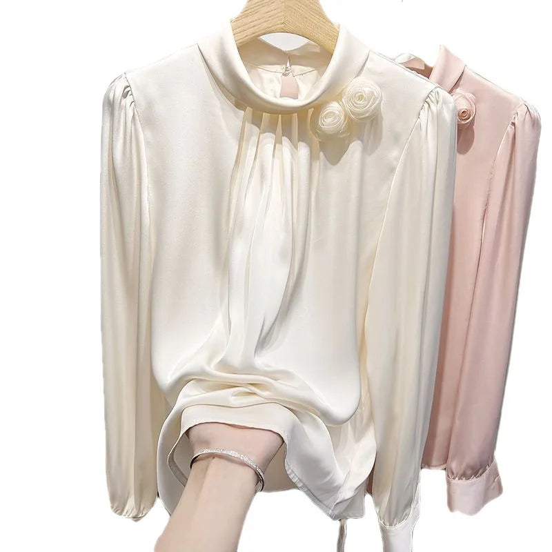Long-sleeved Satin Simulation Silk Female Blouse Spring Autumn New French Three-dimensional Flowers Solid Color Pullover Top