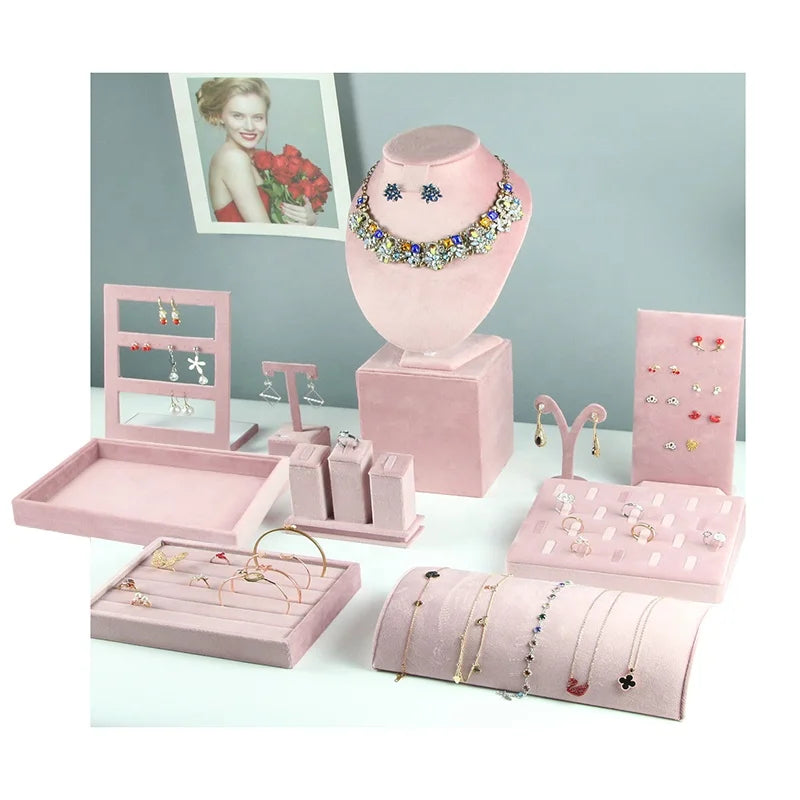Professional Pink Velvet Jewelry Store Display Stand Set Necklace Earring Ring Tray Shop Container