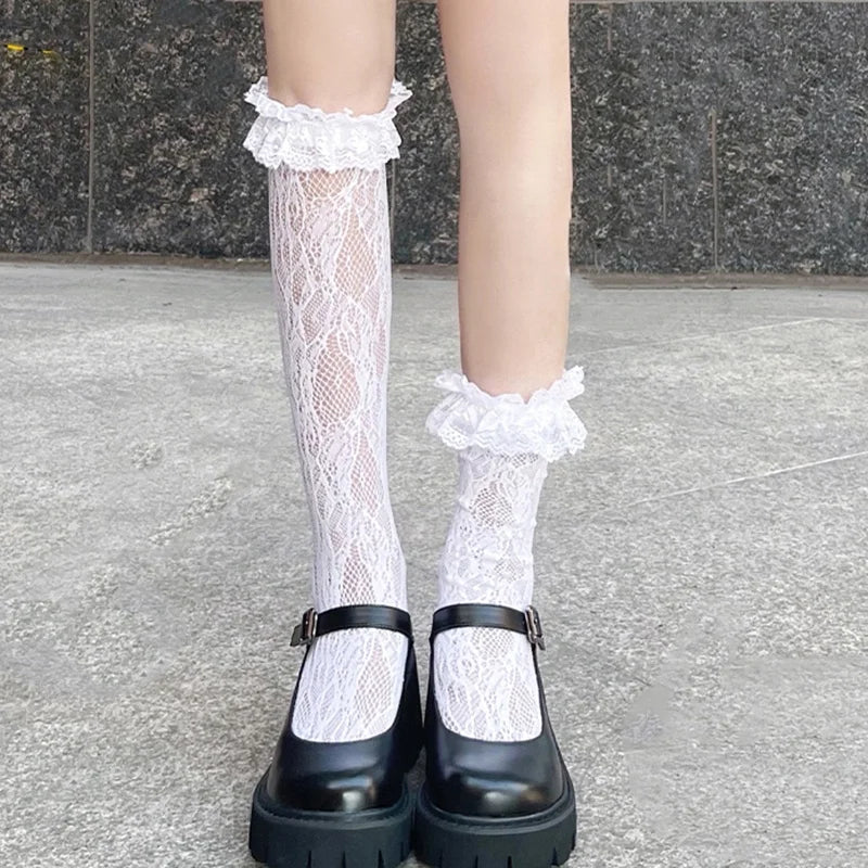 Wholesale Black White Thin Lace Ruffle Crew Socks Women JK Lolita Knee High Socks