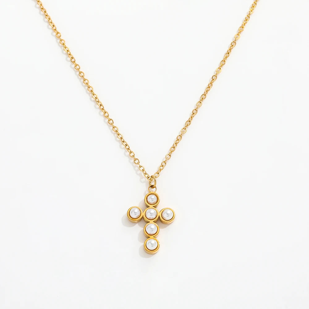Fenny PVD Plated Waterproof&No Fade Light Luxury French Imitation Pearl Cross Pendant Stainless Steel Necklace for Women