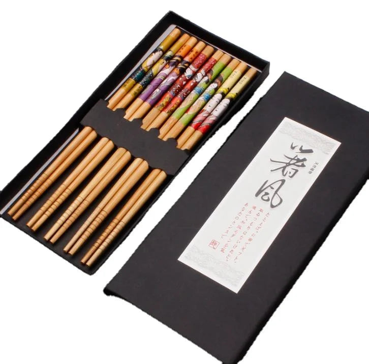 Wholesale Personalized Japanese Korean Style Printed Reusable Bamboo Wood Sushi Chopstick 5 Pairs of Chopsticks Gifts Set