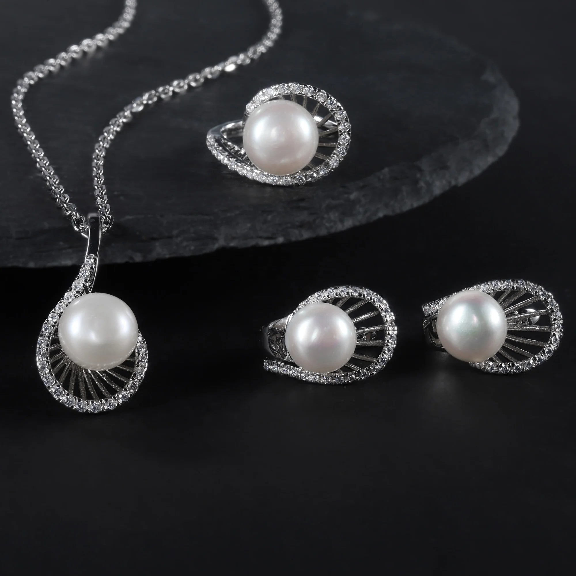 Women Bridal Pearl Jewelry Sets Factory Direct Sale 925 Silver Freshwater White Pearl Bridal Necklace Earrings Ring Set