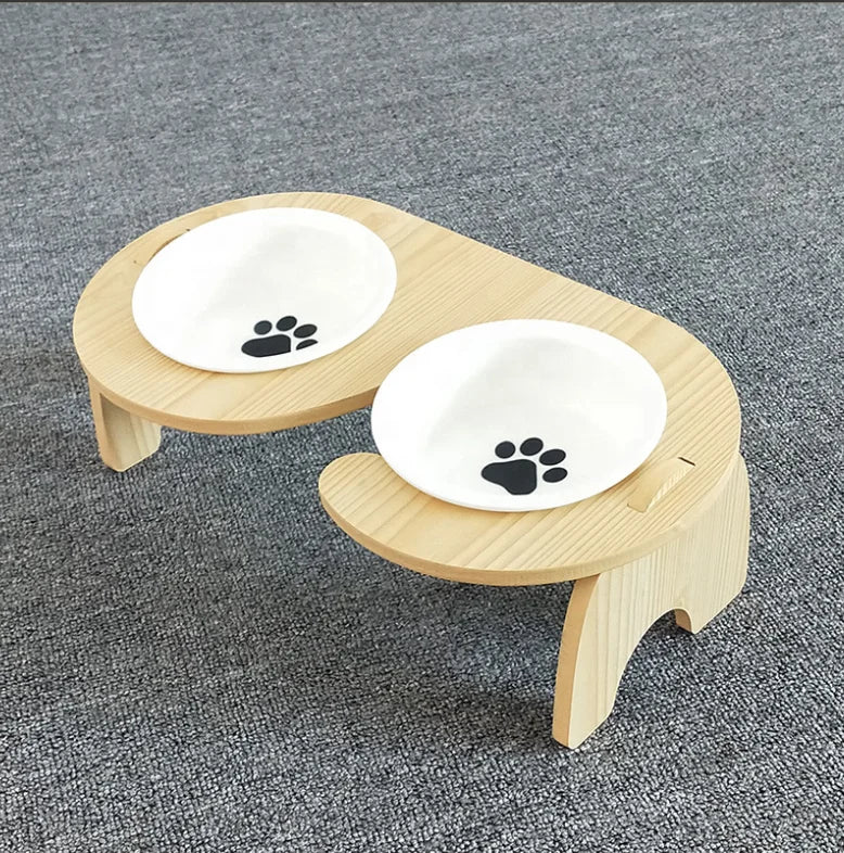 Wholesale Custom Raised Ceramic Stainless Steel Pet Food Bowl Sustainable Elevated Dog Cat Bowl Feeder With Wooden Stand