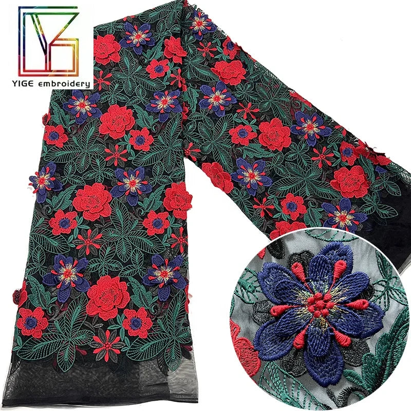 New Design Colorful Modern Flat Embroidered Bridal Luxury Lace 3D Tulle Floral Embroidered Net Fabric Dress Fabric
