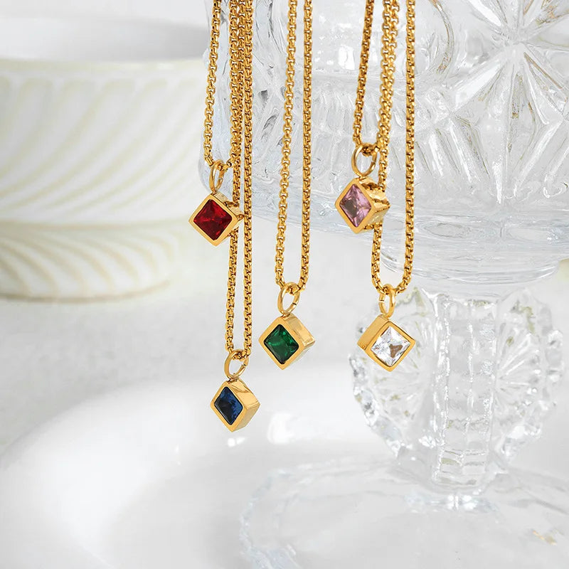 Elegance Tiny Pink Stone Glass Square Zircon Women Choker Necklace Jewelry 18K Gold Filled Stainless Steel