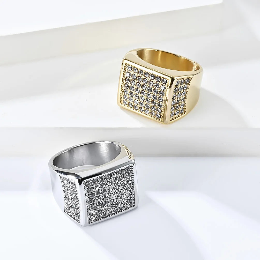 Stainless Steel 18 K Gold Plated Diamond studded Ring Fashion Signet Ring Hip Hop Jewellery Accessories Wholesale