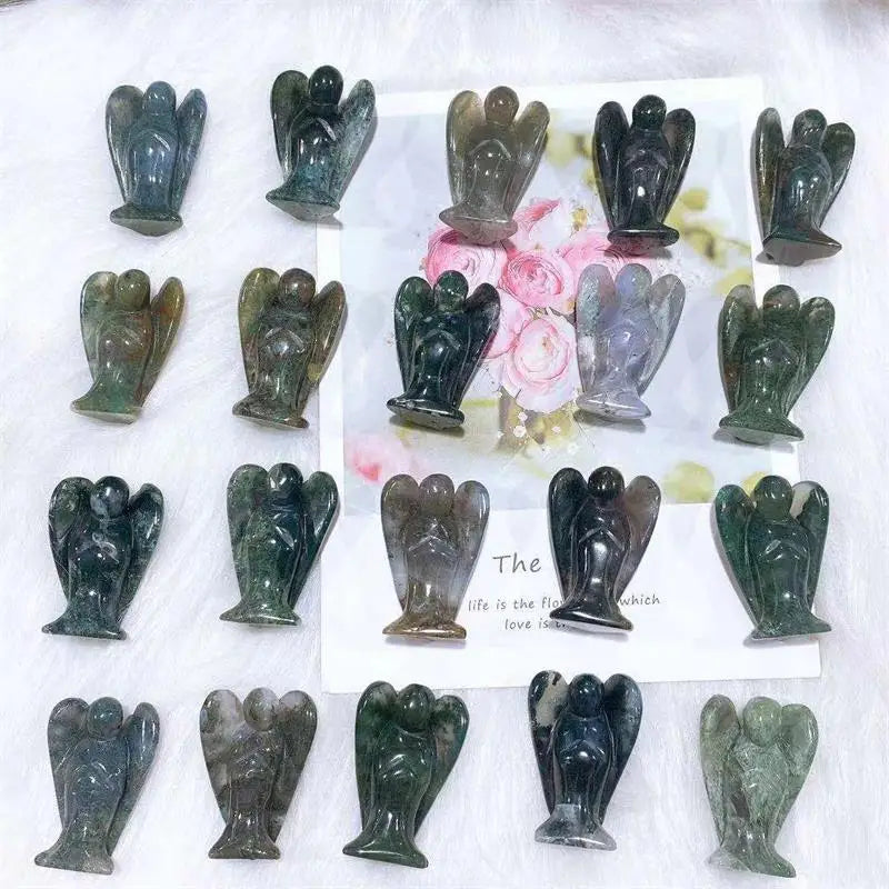 Pocket Stone Healing Craft Angel Carvings Statue Carved Natural Stone Moss Agate Crystal Guardian Angel Figurine