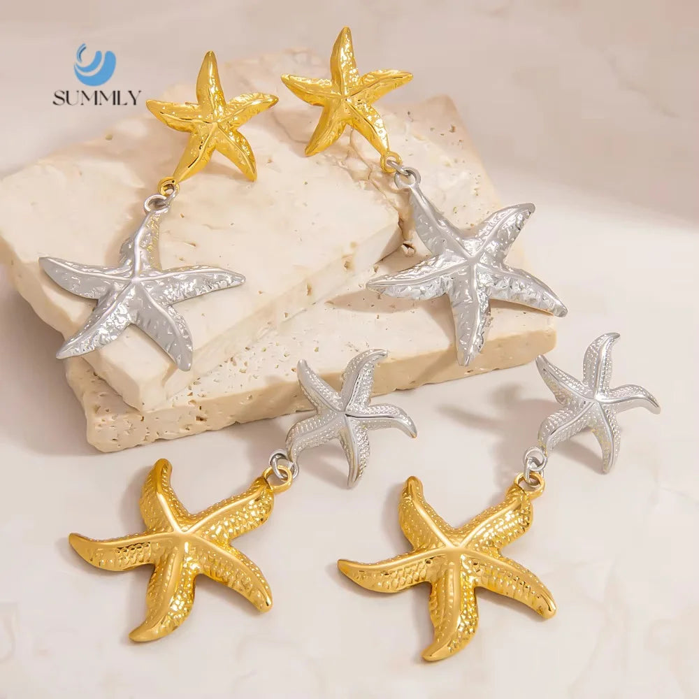 SUMMLY Trend Wholesale Fine Gold and Silver Two-color 18K Gold Plated Starfish Charm Stainless Steel Earrings Fashion Jewelry